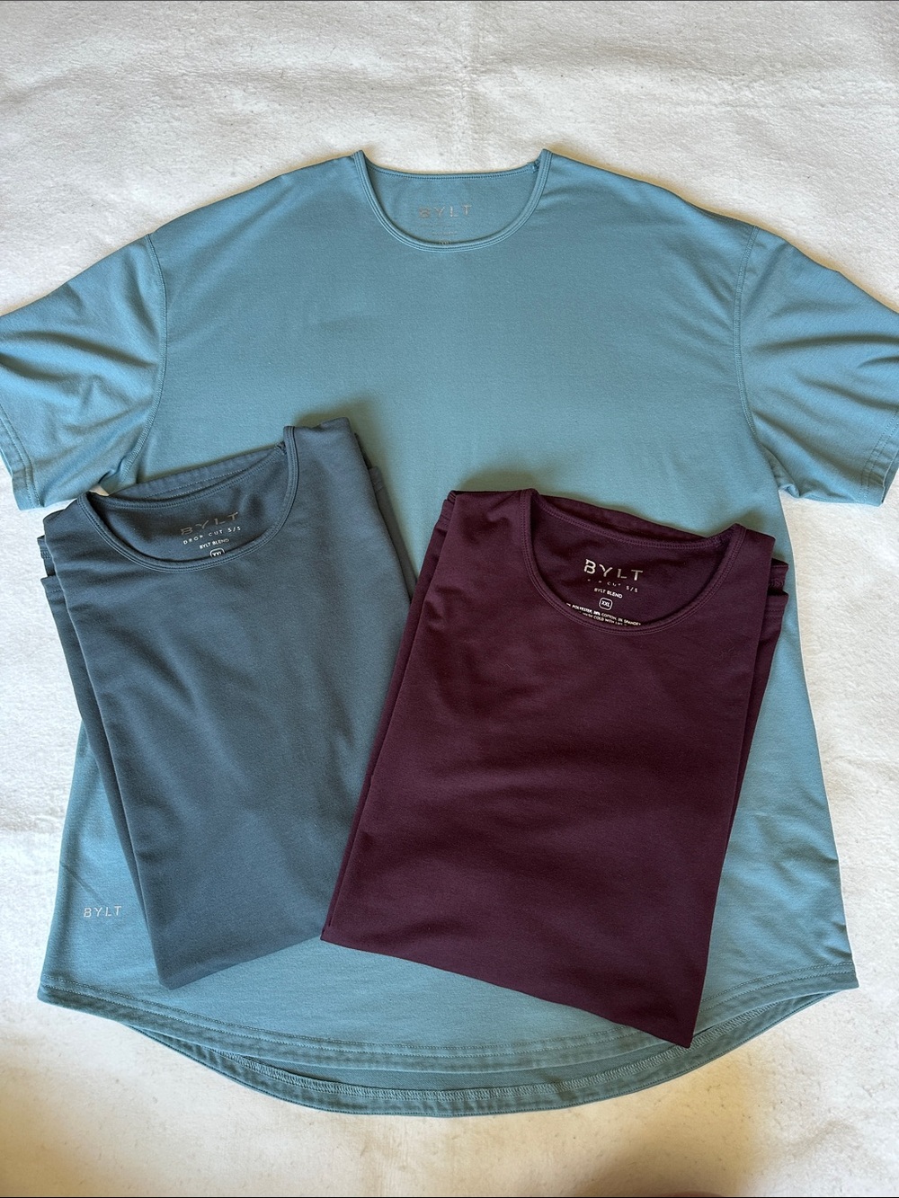BYLT DROP CUT Crew Neck T-Shirt Bundle New Blue New Gray & Maroon size XXL